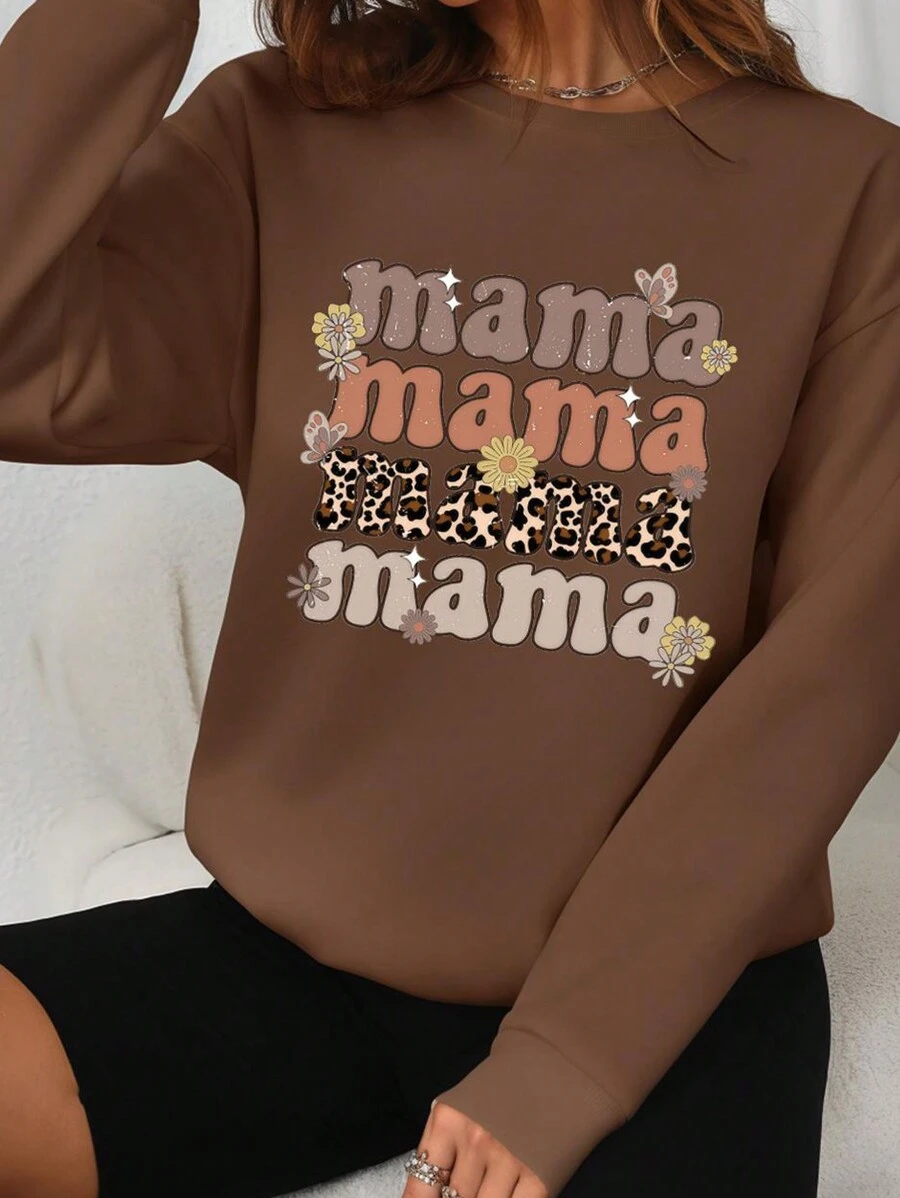 SHEIN LUNE Mama Letter Slogan Crew Neck Long Sleeve Women Sweatshirt
