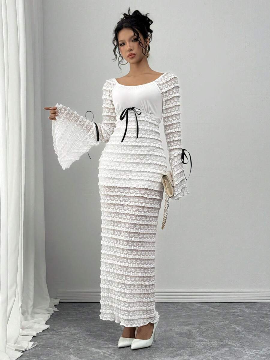 Calvaya Romantic Elegant Sexy Lace Splice Flare Sleeve Slim Fit Long Dress Maxi Women Outfit