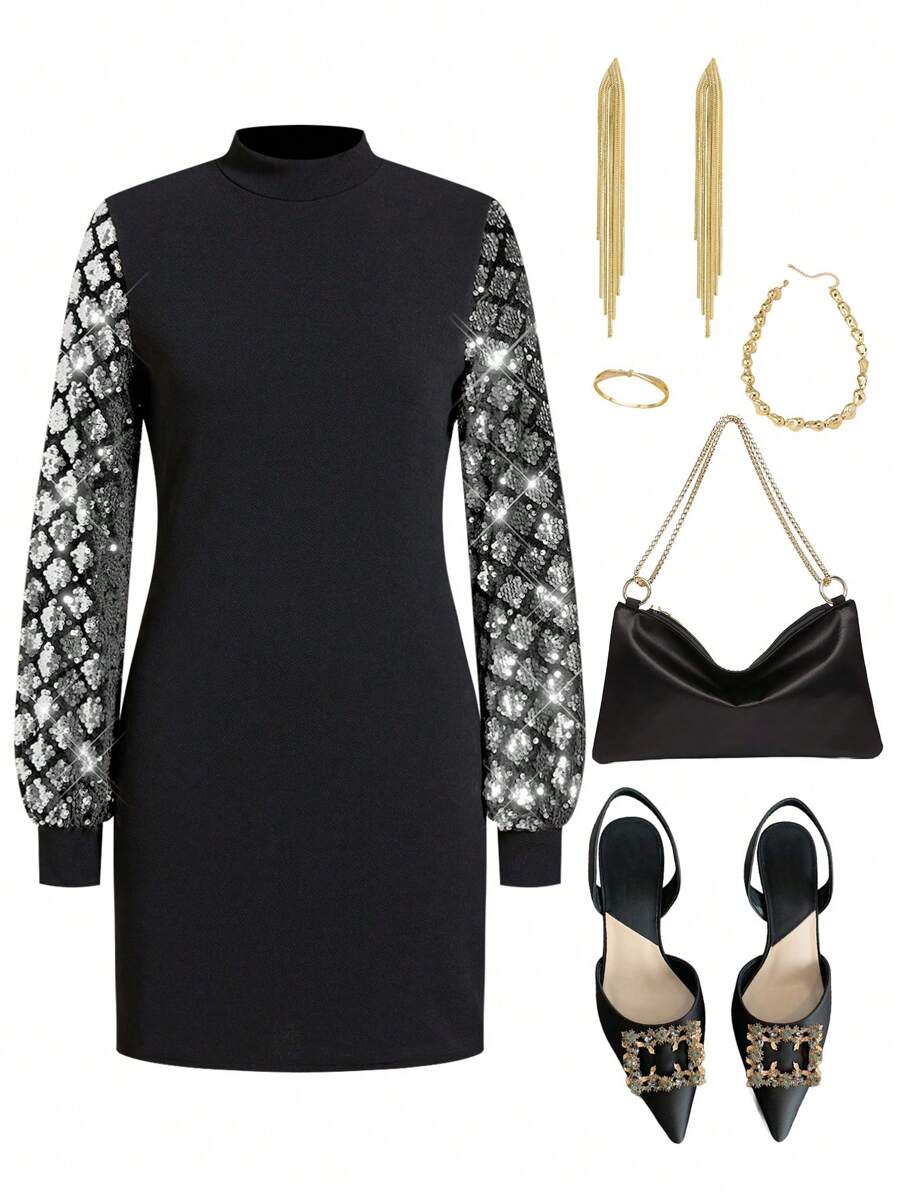 SHEIN Clasi Women's Sequin Sleeve Patchwork Fashion Party Dress
