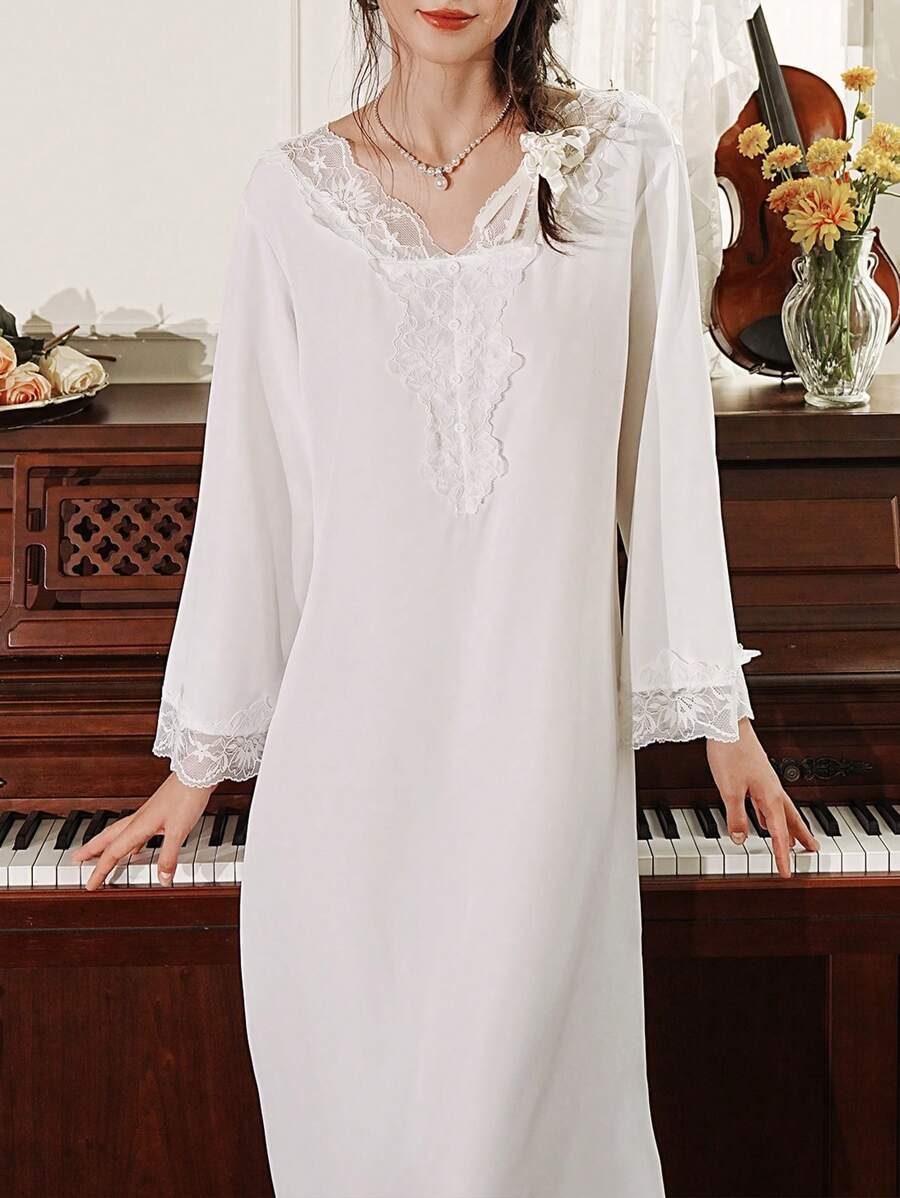 Côtesoire Elegantes französisches Spitzen-Patchwork Damen Nachthemd