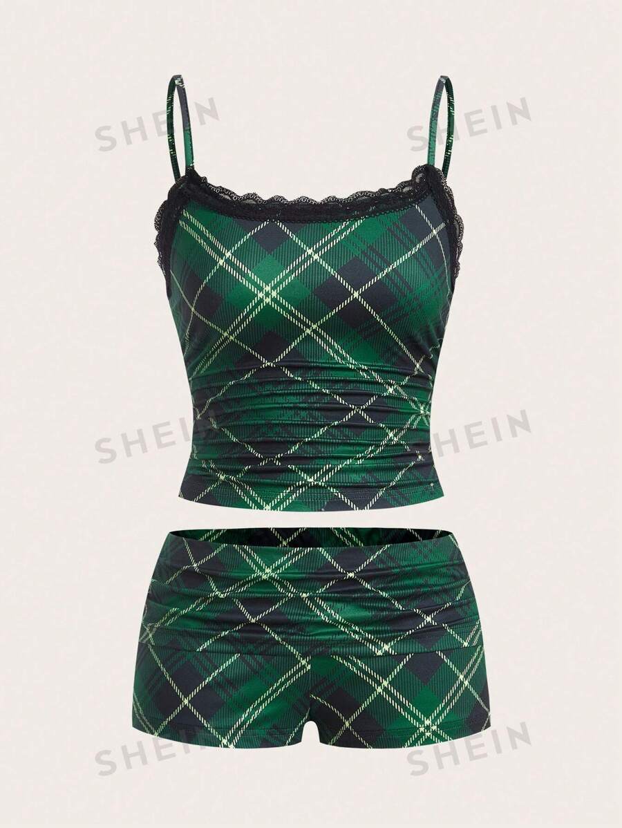 SHEIN EZwear Conjunto ajustado de punto verde para mujer de Navidad