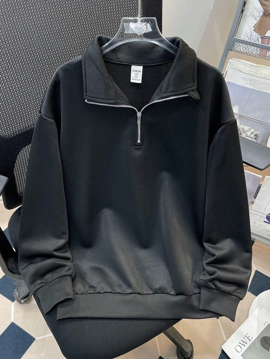 Tween Boy Casual Basic Half-Zip High Neck Heather Grey Hoodie, Suitable For Outdoor Sports, School, Parties