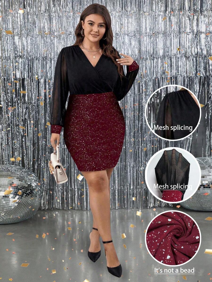 SHEIN Clasi Plus Size Spring/Summer Patchwork Sequin Bodycon Dress, Suitable For Parties, For Christmas Burgundy Color Women Outfit