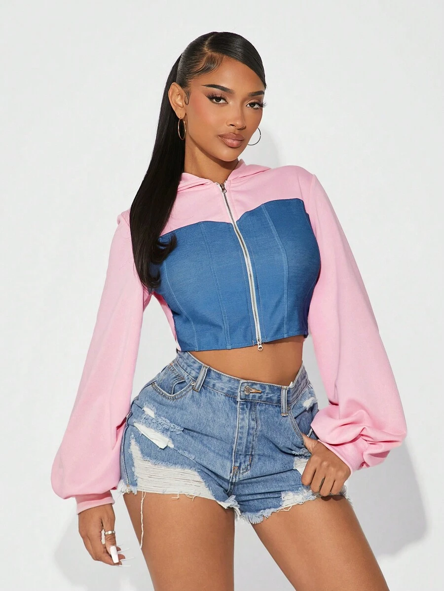 SHEIN SXY Women's Autumn Casual Contrast Color Patchwork Hooded Cropped Sweatshirt,Zip Up Women Hoodie,