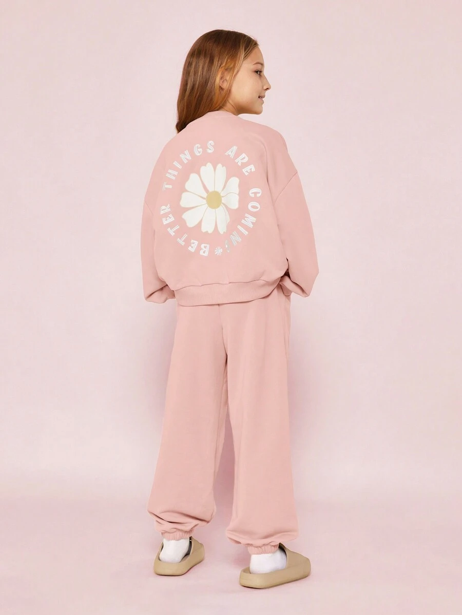 SUMWON Conjunto de 2 piezas para niñas preadolescentes con sudadera de ajuste regular con estampado gráfico de flores y pantalón de chándal