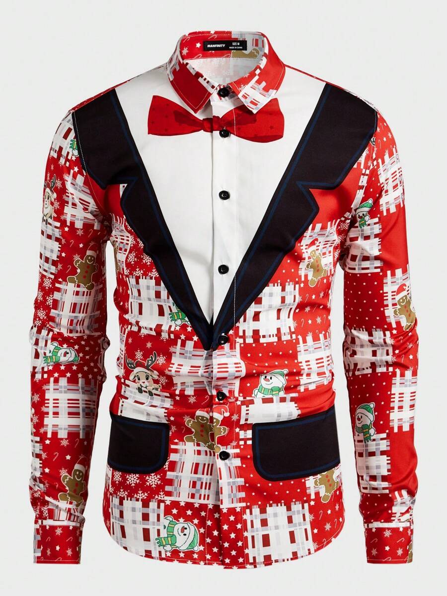 Manfinity VCAY Men's Santa Claus Woven Slim Fit Casual Turn-Down Collar Long Sleeve Shirt, Suitable For Autumn