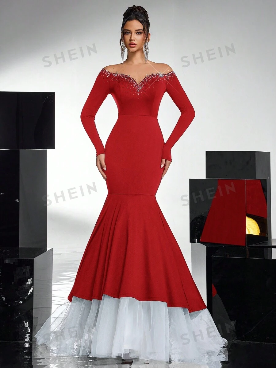 Glamrae Vestido de gala con corte sirena, con bloques de color en malla, adornado con diamantes, con dobladillo ajustado. Vestido informal de estilo gótico para boda/evento de noche, vestido para invitadas de boda, vestido de fiesta