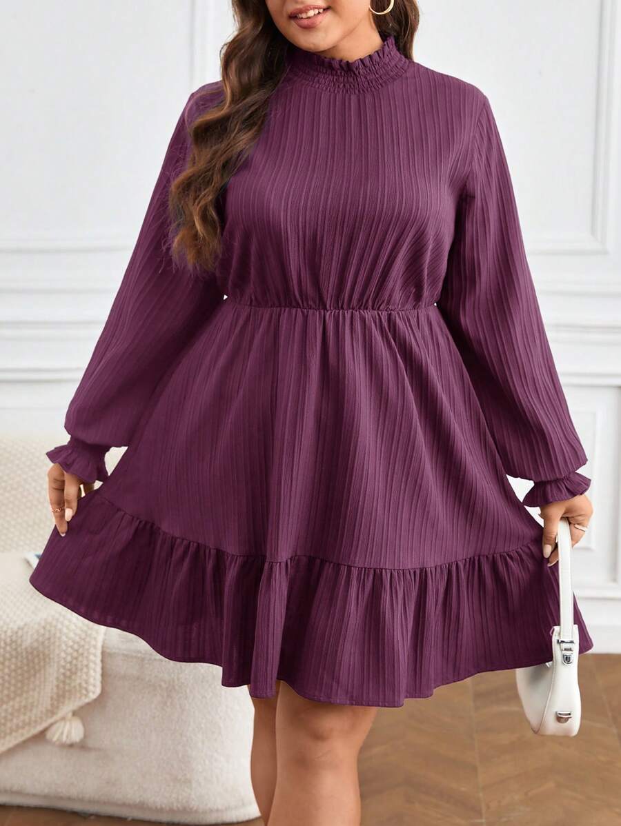 SHEIN Frenchy Plus Size Vrouwen Effen Kleur Ruffle-Trim Kraag Lange Mouw Volant Trim Casual Jurk, Herfst