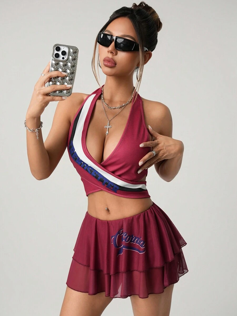 SHEIN ICON 2 Pieces Set: Fitted Draped Neck Cross-Tie Sportswear Top And Skirt