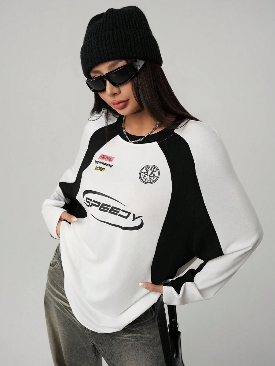 SHEIN EZwear Women's Streetwear Graphics Color-Blocked Crew Neck T-Shirt