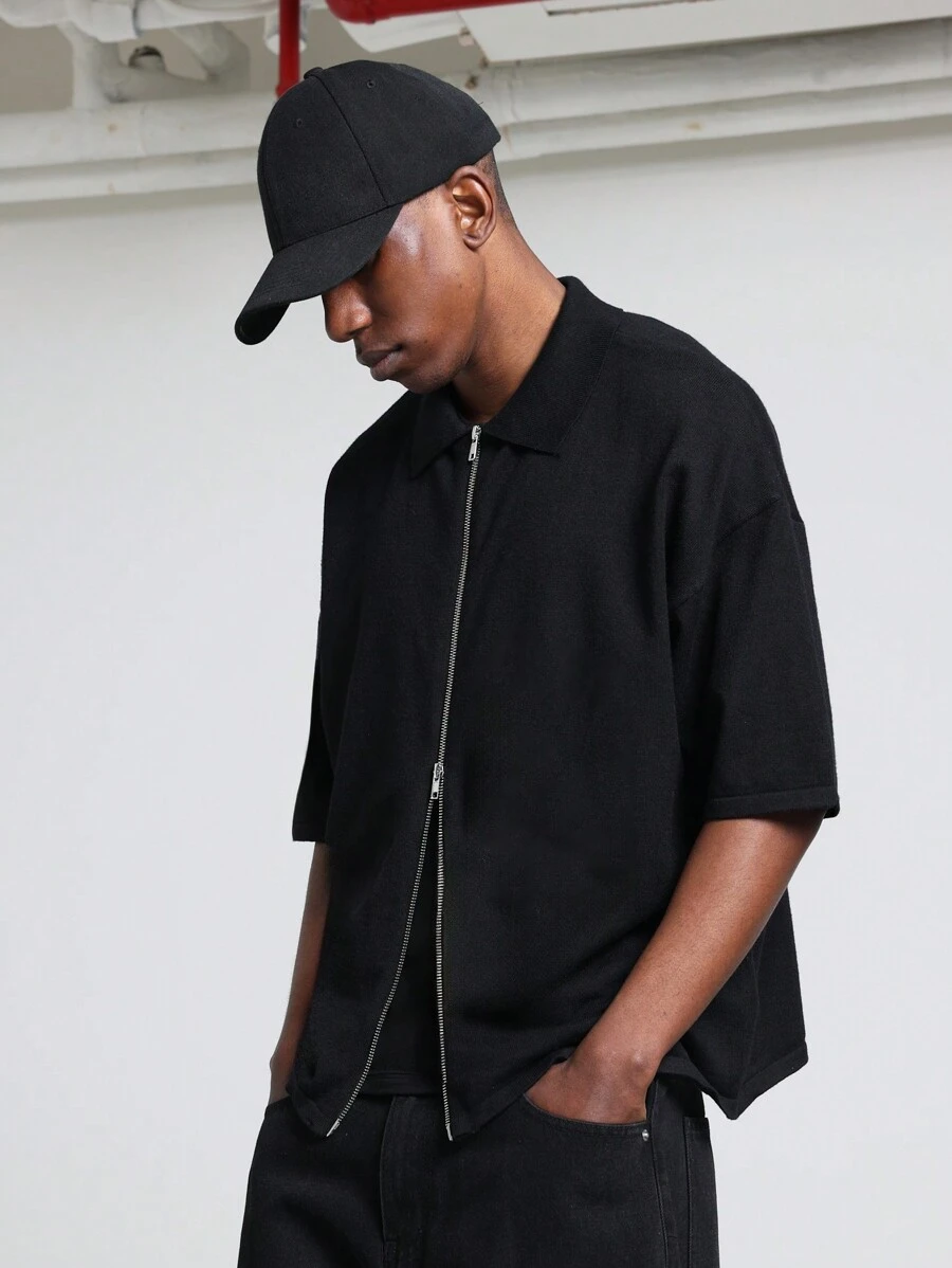 SUMWON Premium Zip Front Knit Polo Shirt Streetwear Half Sleeve Casual Athletic Sports Summer Lightweight Breathable Urban Modern Collared T-Shirt