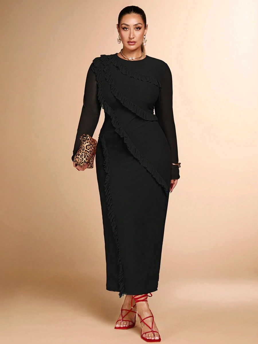 SHEIN BAE Vestido de manga larga de malla ajustado con cuello redondo, color rojo sólido, diseño de volantes multicapa, adecuado para fiestas de cócteles, citas románticas, vestido de punto de otoño e invierno, fiesta, evento formal, boda, dama de honor, cena, Halloween, Navidad, tallas grandes