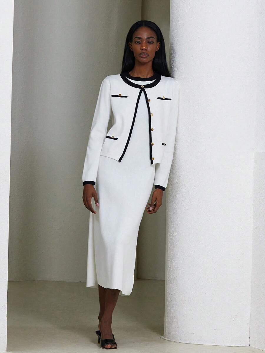 Aveloria Modichic 2 pièces : Cardigan tricoté à col rond avec bande bicolore noire et blanche au design H, et robe pull minimaliste pour femmes. Style élégant inspiré du français