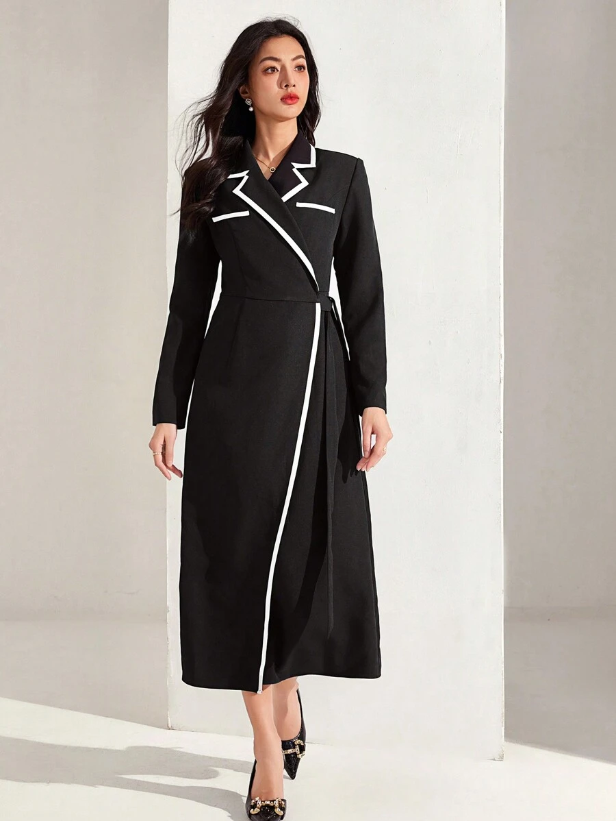 Heiryn Women Contrast Piping Lapel Collar Wrap Tie Long Dress, Spring/Autumn