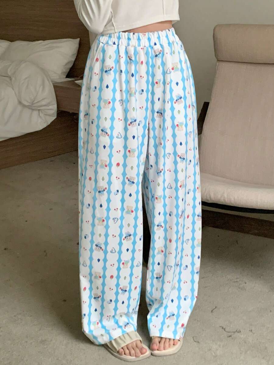 DAZY Pantalones de pijama rectos y sueltos con estampado completo de oso de dibujos animados lindos