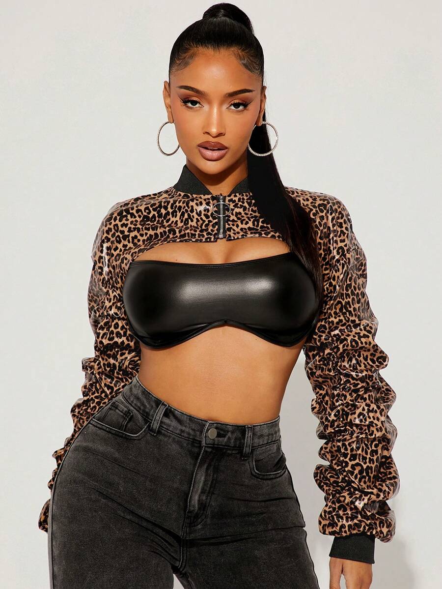 SHEIN x Carly Lawrence SHEIN SXY Spring & Summer Fashionable Ultra-Short Leopard Print Biker Jacket Leopard Print