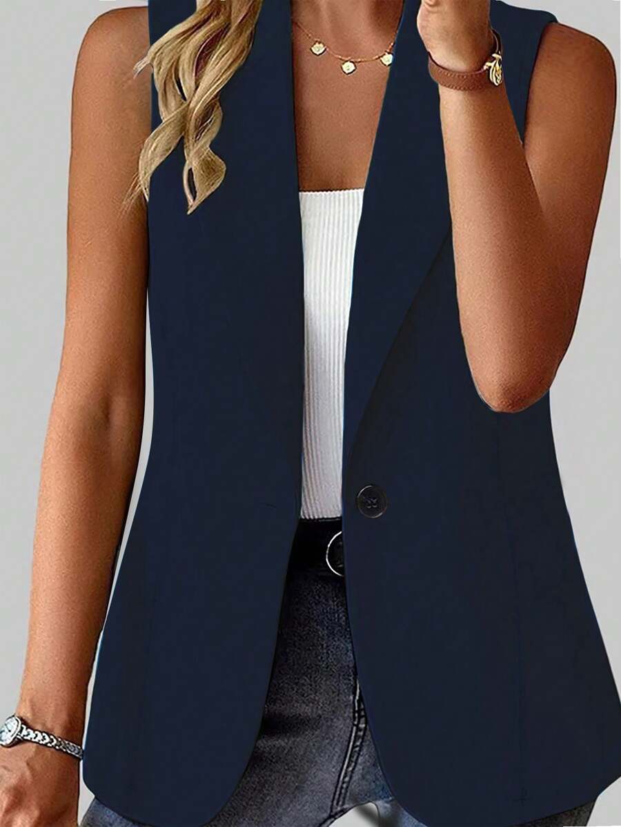 SHEIN Franclia Plus Size Women Solid Color Shawl Collar Sleeveless Blazer Vest For Daily Commute, Spring Summer Graduation,Back To School,Teacher Outfits For Women