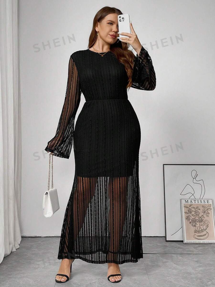 SHEIN Frenchy Vestido largo casual de manga larga en unicolor y con detalles de empalmes en talla grande