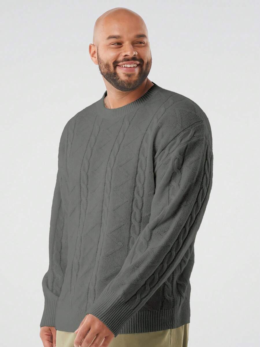 Manfinity NXTstreet Plus Size Men's Loose Fit Crew Neck Cable Knit Long Sleeve Sweater