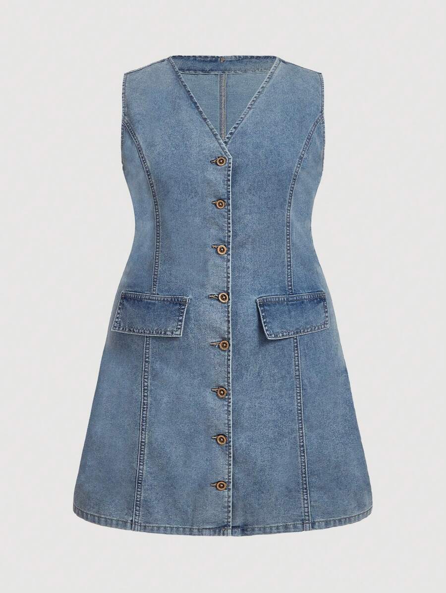 SHEIN MOD Plus Size Women's V-Neck Single Breasted Denim Dress, Sleeveless Waist Defined A-Line Dress
