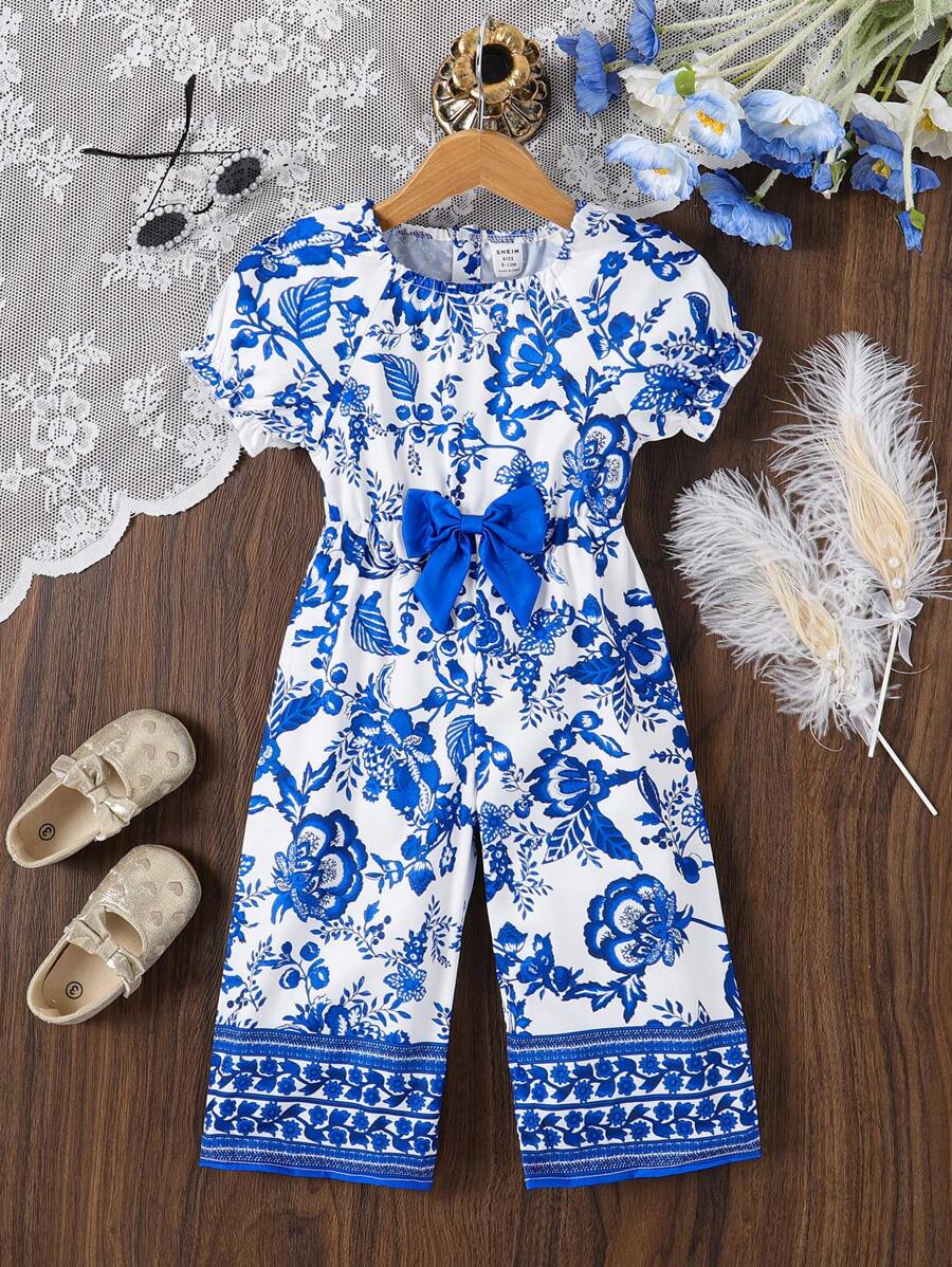 SHEIN Baby Girl Spring/Autumn Casual Vintage Elegant Floral Digital Print Fabric Backless Jumpsuit With Bow Decor For Outdoor & Travel
