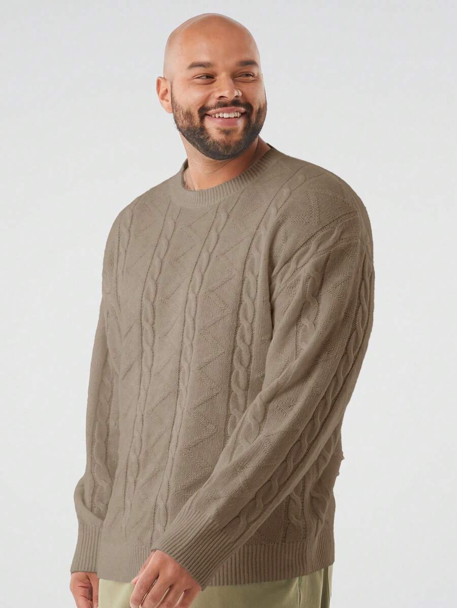 Manfinity NXTstreet Plus Size Men Cable Knit Loose Crew Neck Long Sleeve Sweater