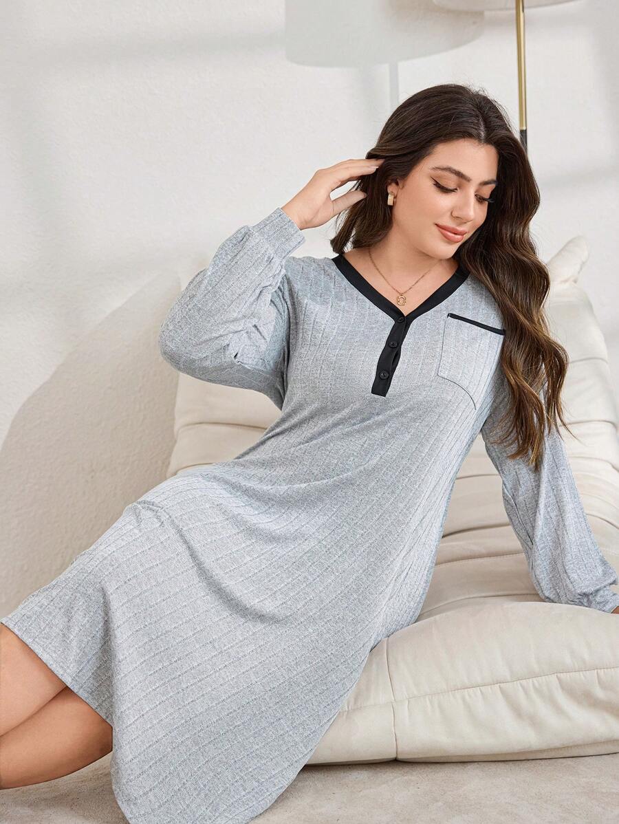 Lazeform Plus Size Women Ribbed Color Blocking Pocket Casual Nightgown Sleepwear