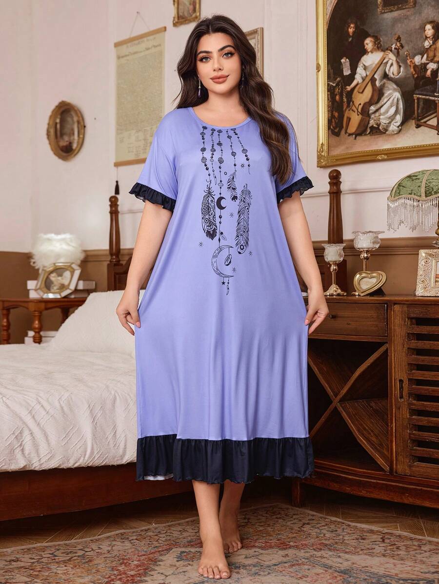 Trezura Plus Size Women Moon & Feather Print Color Block Ruffle Hem Nightgown