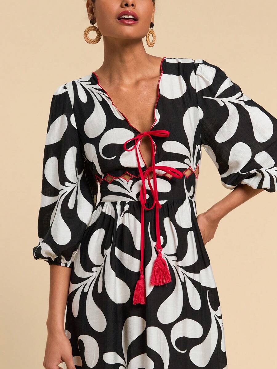 Travachic 2-Tone Printed Lace-Up Casual Daily Dress, Simple & Stylish