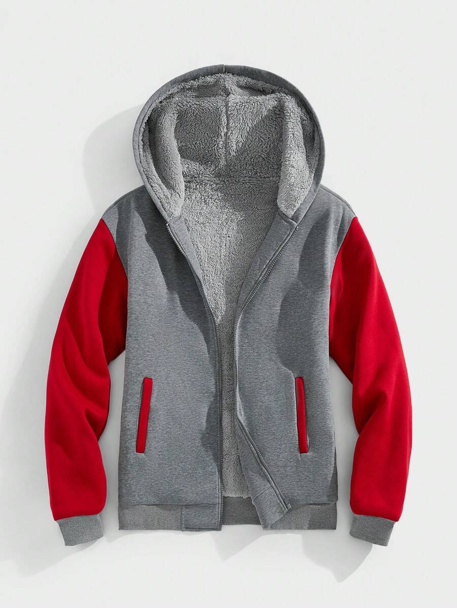 Manfinity Homme Loose Fit Men's Colorblock Zip-Up Hooded Thermal Lined Jacket