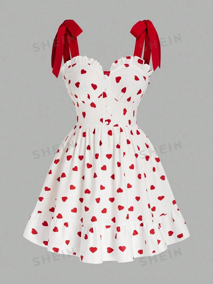 Sweetra Elegante mini vestido para una cita de San Valentín, vestido de volantes con estampado asimétrico de corazón rojo, elegante y femenino para el verano
