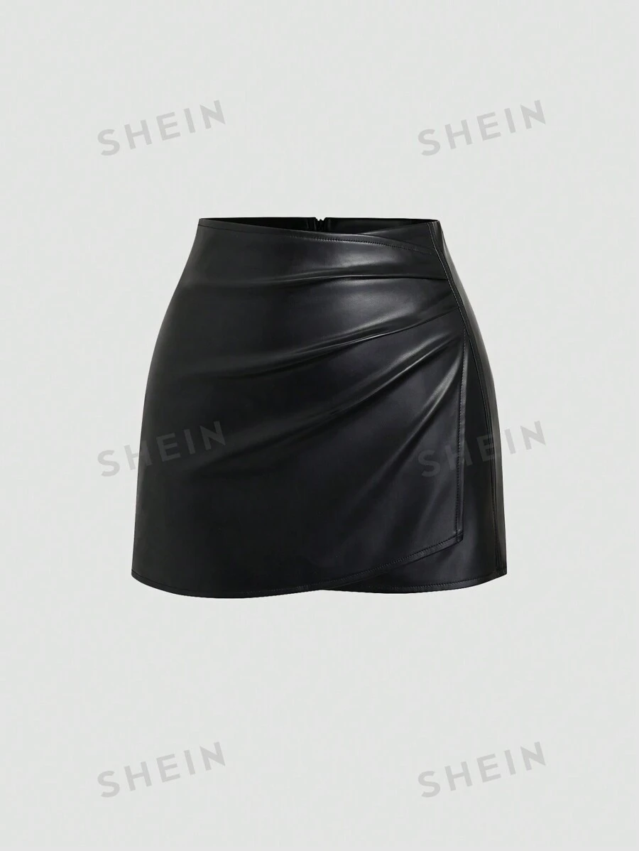 Sweetra Minifalda ajustada estilo retro americano sexy para mujer, de piel sintética, en color negro sólido, apta para todas las estaciones