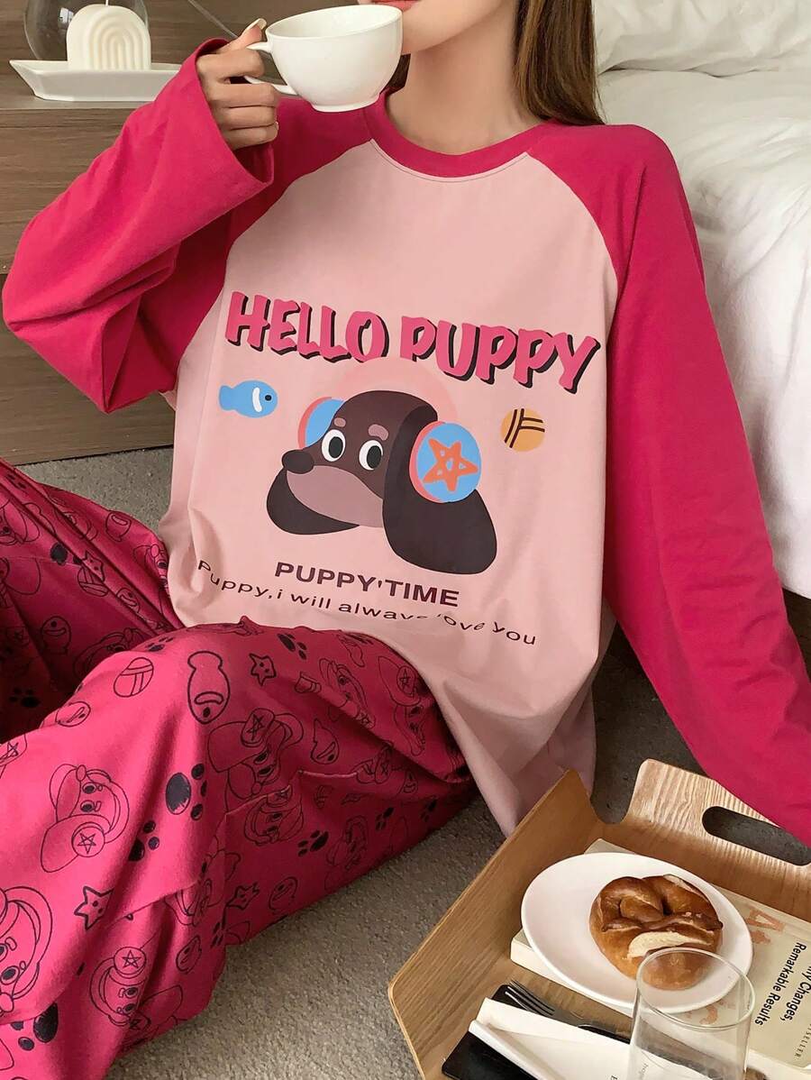 DAZY Cute Cartoon Puppy Print Color Blocking Raglan Sleeve Loose Pajama Set