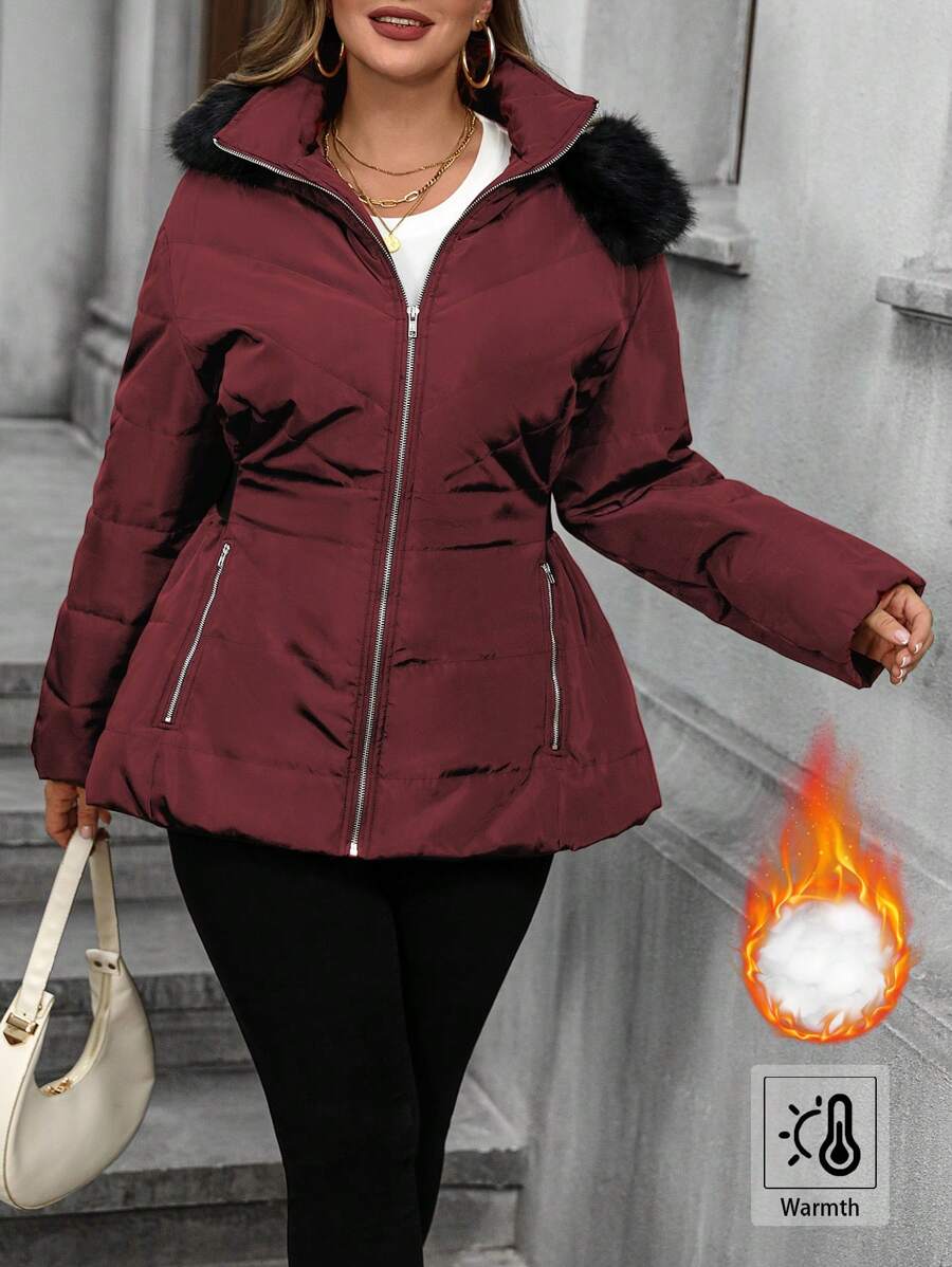 SHEIN LUNE Plus Size Women Casual Loose Hooded Padded Padded Coat With Zipper, Winter Clothes