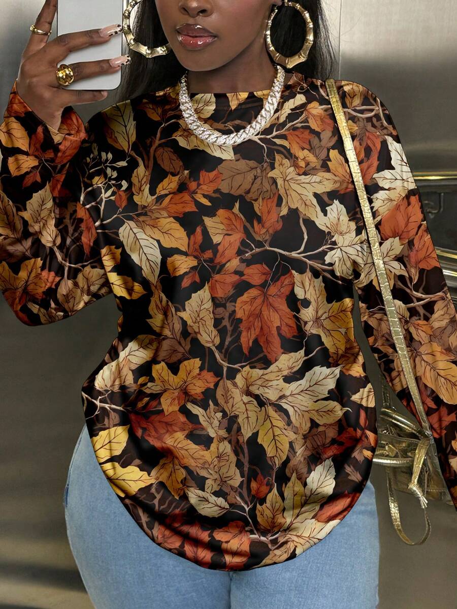 SHEIN Slayr Women Floral Print Round Neck Long Sleeve Casual Loose T-Shirt, Autumn Graphic Tees Women Tops For Spring Outfit