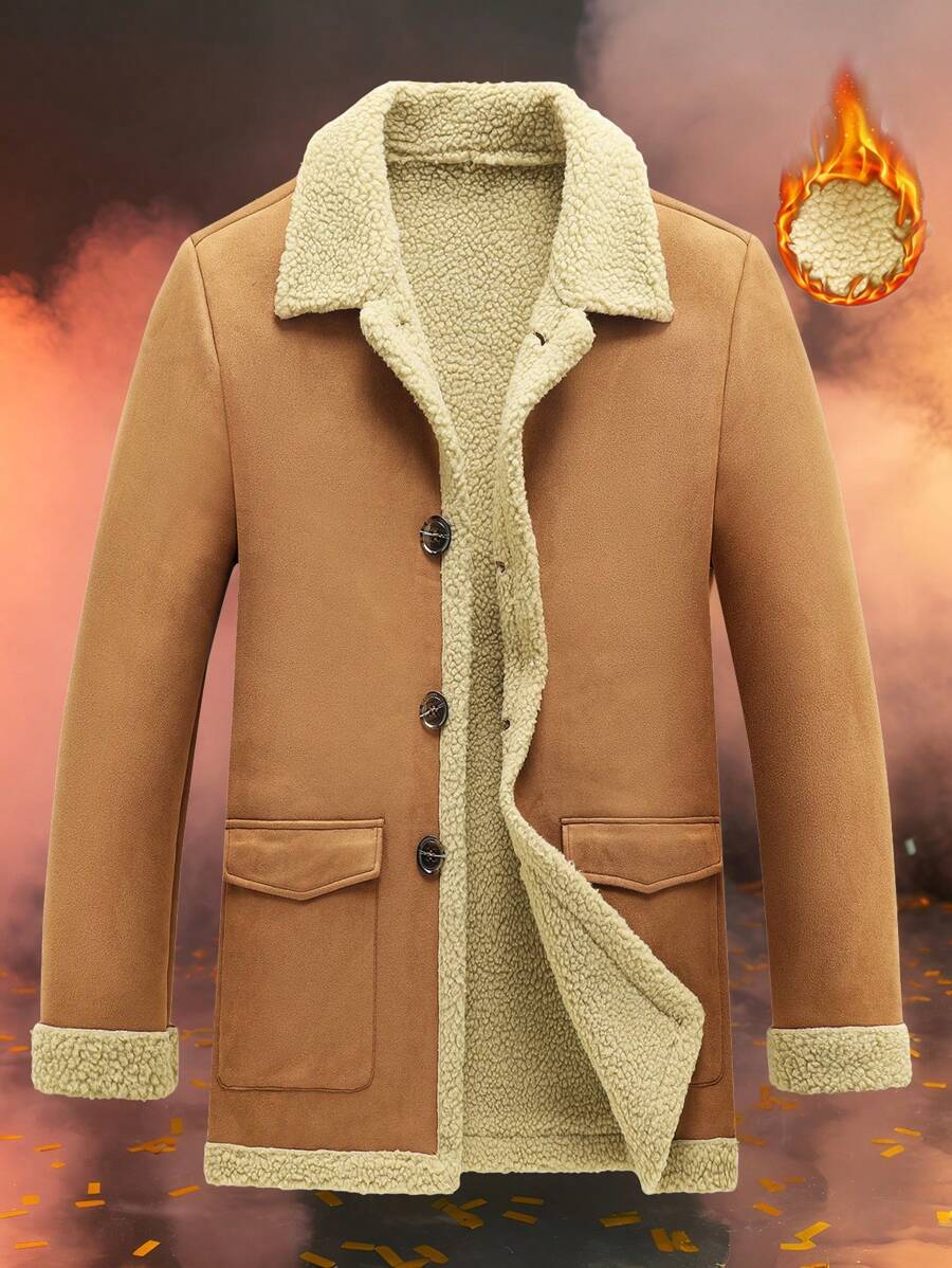 Manfinity Homme Men's Western Cowboy Style Autumn And Winter Warmth Khaki Suede Medium-Length Turn-Down Collar Button-Front Jacket Coat, Fall And Winter Men Going Out Fashion Warm Long Sleeve Color Block Jacket, For Friends, Husband, Boyfriend Gifts