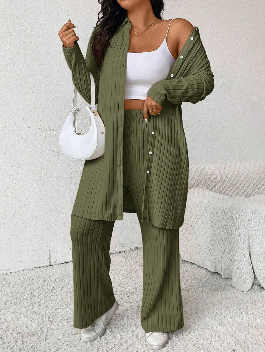 SHEIN Frenchy 2 stuks gebreide plus size dames lente/herfst effen kleur lange mouwen enkelrijs lange top en broek casual set, oud geld, luchthavenoutfit, herfstoutfits
