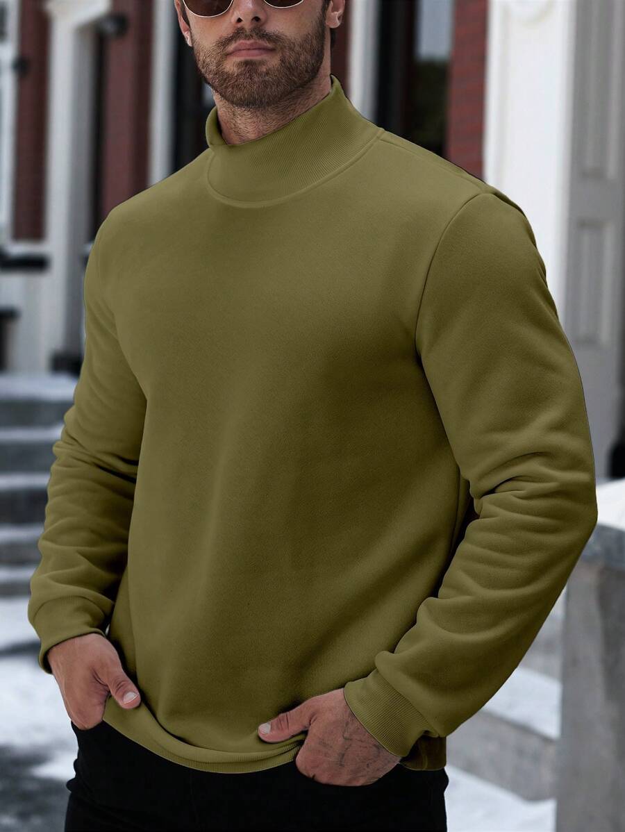 Manfinity Homme Plus Size Men High Collar Plain Long Sleeve Casual Pullover Sweatshirt, Autumn/Winter