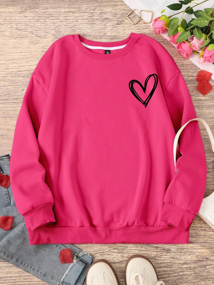 SHEIN LUNE Sudadera de talla grande para mujer con estampado de corazón, cuello redondo y manga larga