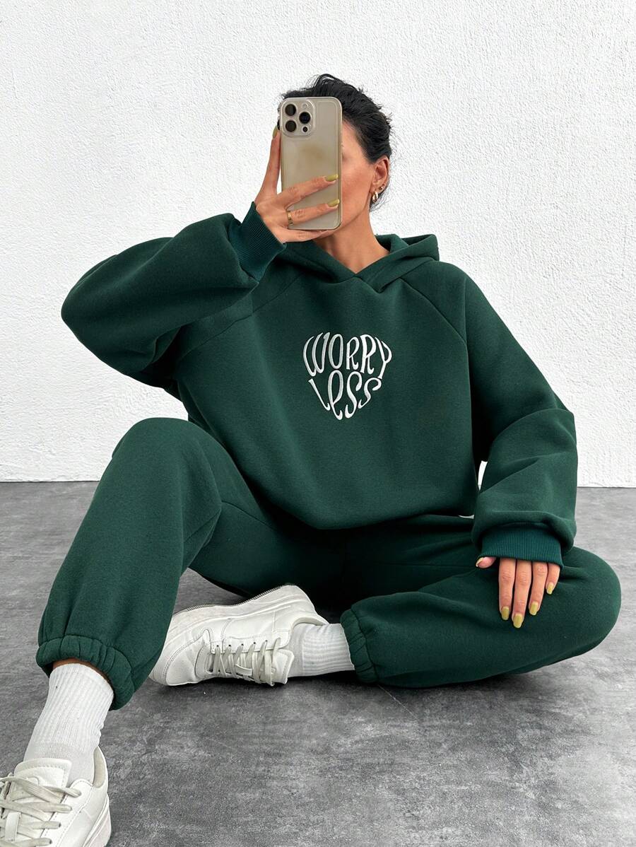 RueChic Conjunto de mujer de 2 piezas con sudadera con capucha de manga raglán con estampado de letras y pantalón de chándal, para otoño/invierno