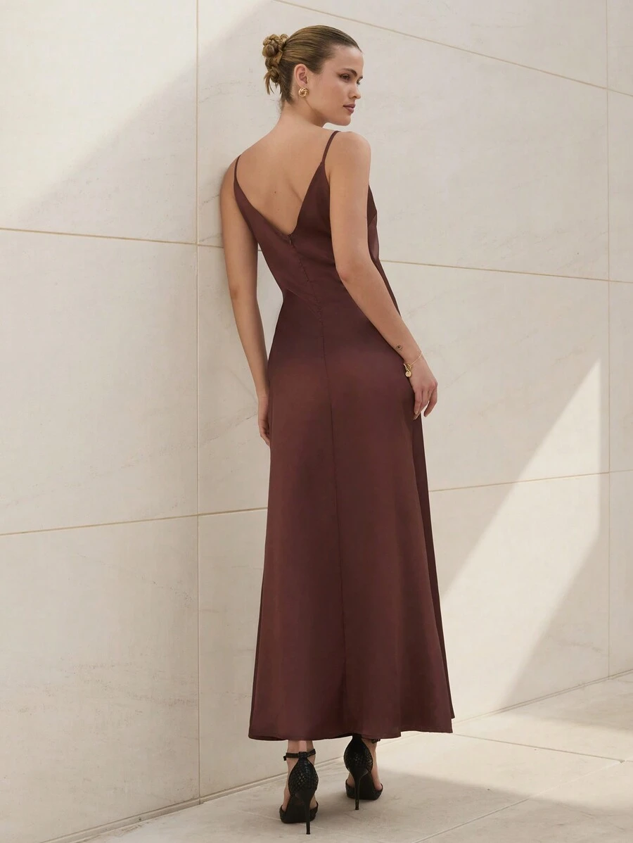 RueChic Vestido maxi de satén con cuello en V para mujer, elegante para fiesta de noche