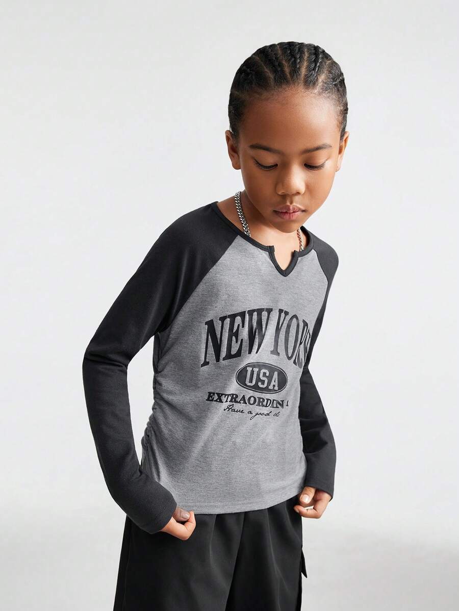 SHEIN Tween Girls Outono/Inverno Uso Diário Básico Volta às Aulas Preppy Cruz Elástico Decote Recortado Top Preto e Cinza com Mangas
