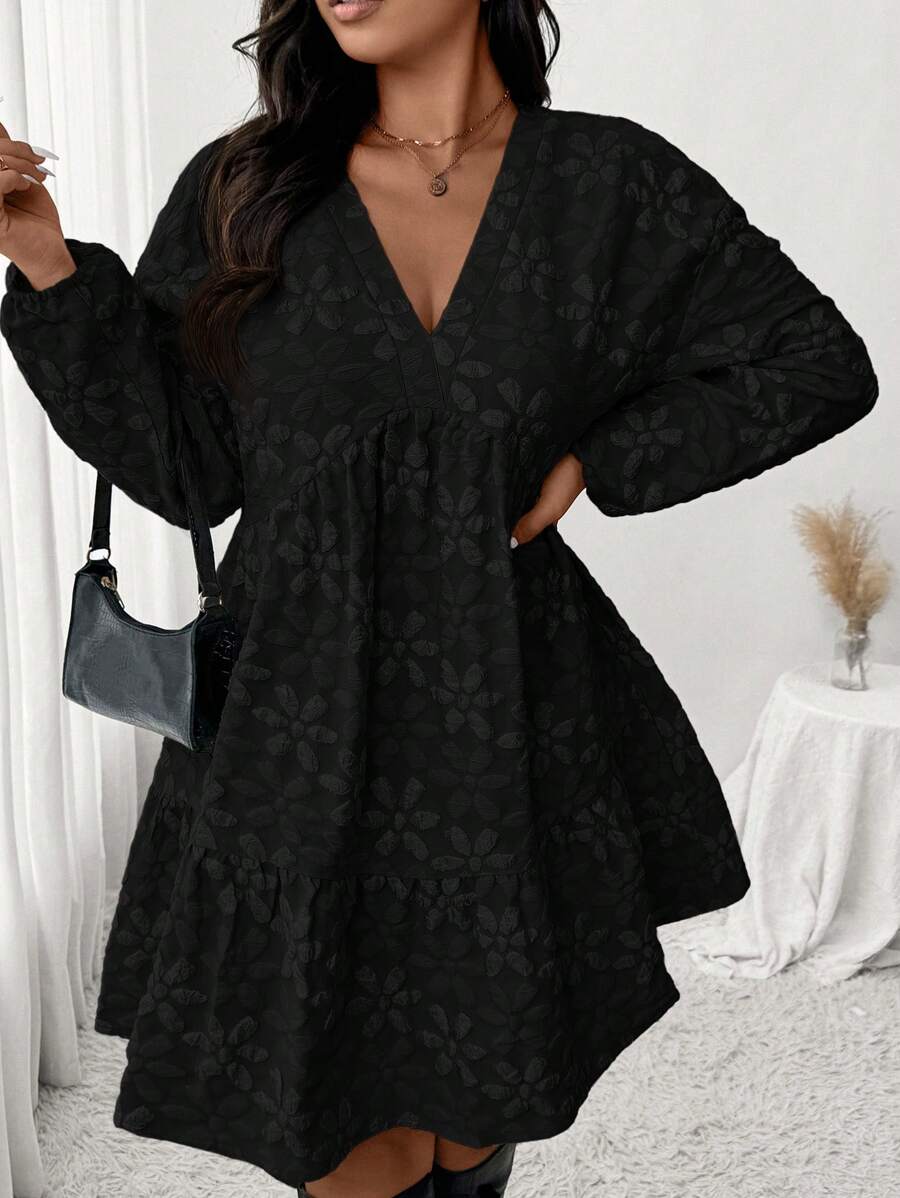 SHEIN Frenchy Vestido de manga larga tipo línea A con estampado floral y textura lisa, talla grande. Sencillo y elegante, apto para fiestas, reuniones y salidas diarias, otoño/invierno