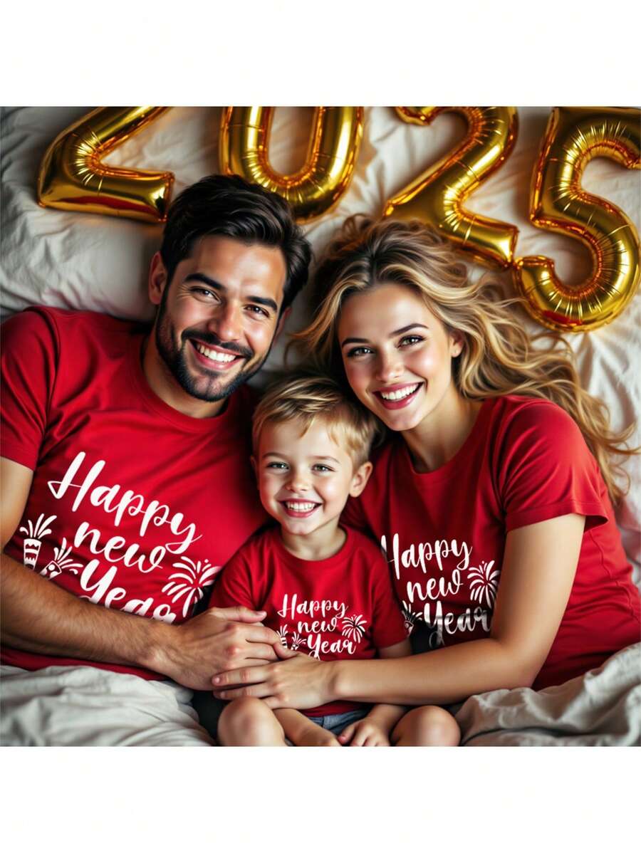 SHEIN Essnce New Year Matching Family Outfit, Loose Casual Round Neck Short Sleeve Women T-Shirt, Suitable For Summer