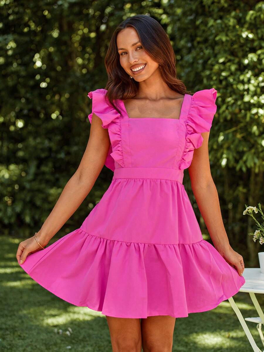 SHEIN VCAY Romantic Summer Vacation Square Neck Ruffle Trim Ruffle Hem Dress For Women