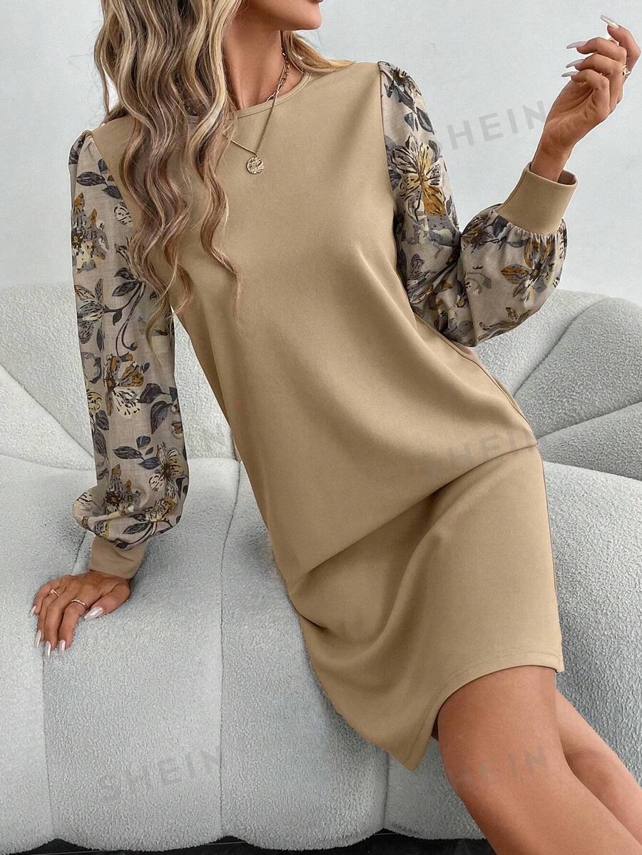 EMERY ROSE Vestido corto casual de mujer de manga larga con cuello redondo en unicolor y diseño de corte