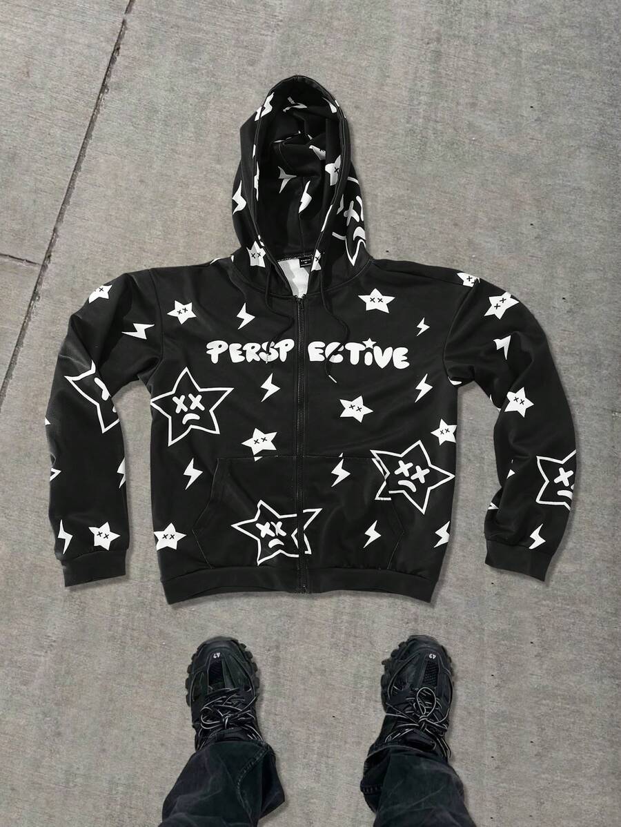 Manfinity EMRG Sudadera con capucha informal de hombre con estampado de estrella y cremallera, ropa de calle de otoño, sudadera con capucha gráfica de manga larga con cremallera en color negro, para regalos a amigos, esposo, novio