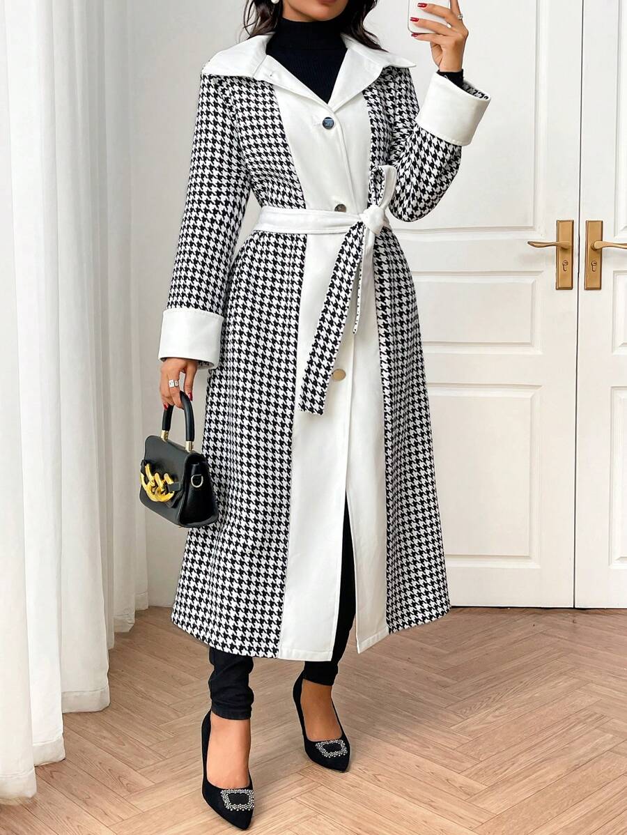 Mulvari Women's Casual Houndstooth Patchwork Regular Jacket, Autumn