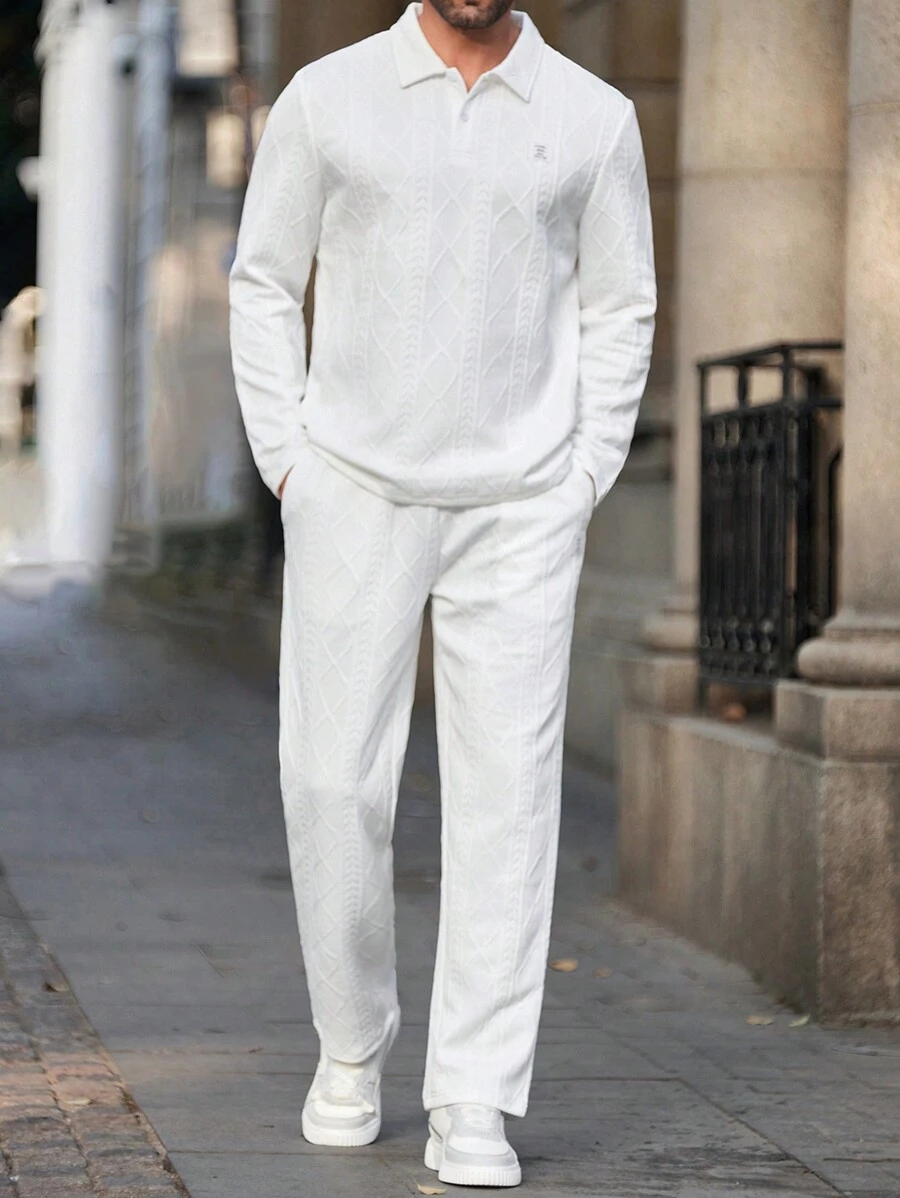 Manfinity Homme Men's Casual Solid Color Textured Long Sleeve Polo Shirt & Pants Set, Autumn