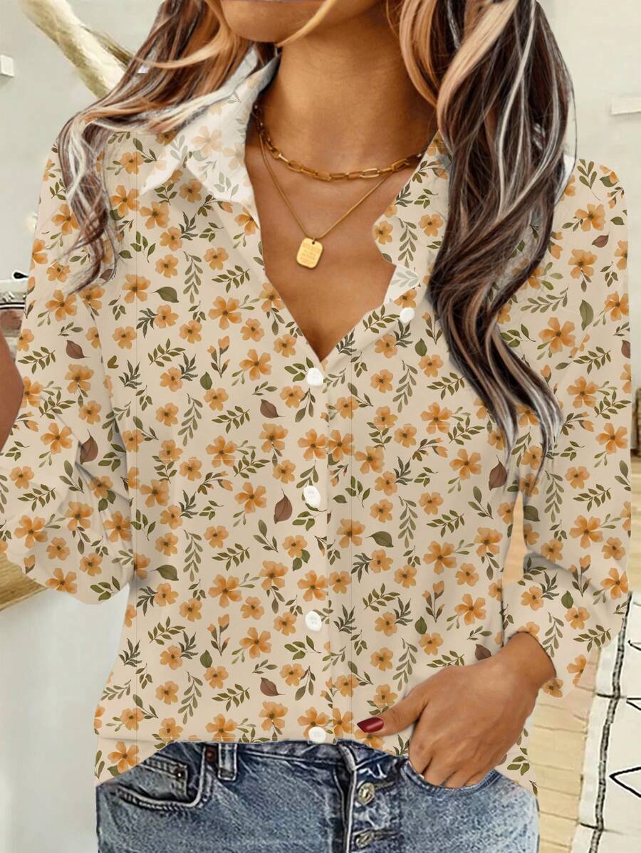 EMERY ROSE Casual Minimalist Floral Pattern Loose Cardigan Shirt For Women, Suitable For Autumn & Winter